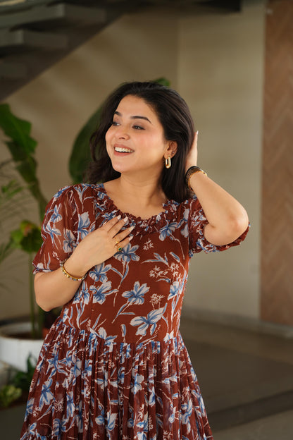 Maroon Faux georgette Printed Gown