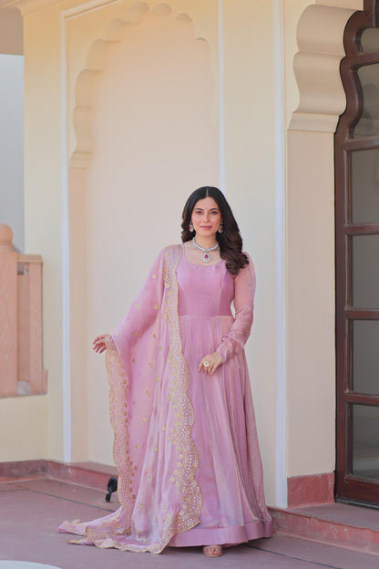 Fabulous Fendy chiffon Gown With Cut-Work Dupatta
