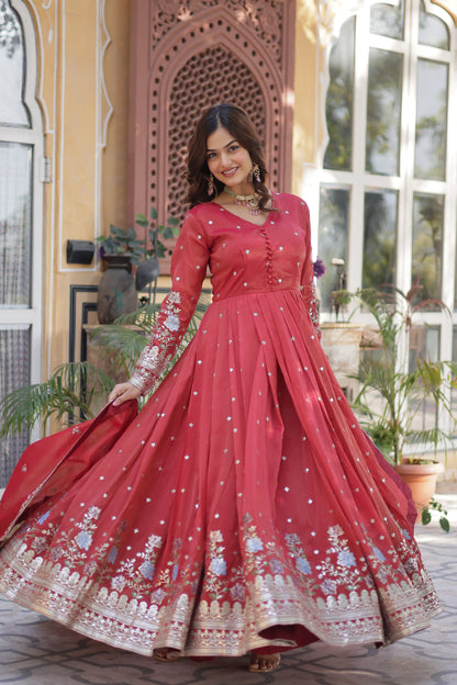 Viscose Cosmos with Zari & Sequins Work Gown With Dupatta