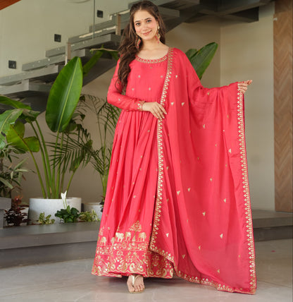 Peach Color Chinnon with Sequins Embroidered Gown With Dupatta