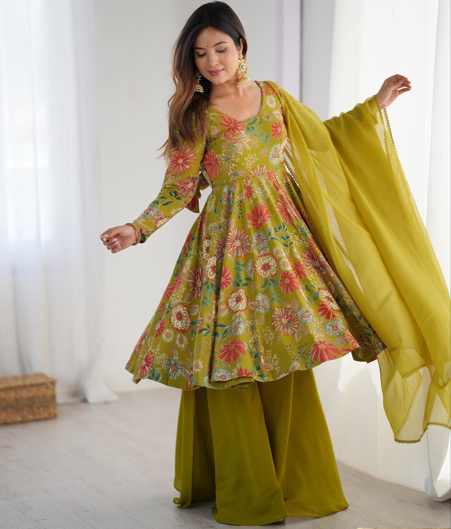 Mahendi Romansilk Chanderi with Discharge Print Kediya kurta Set