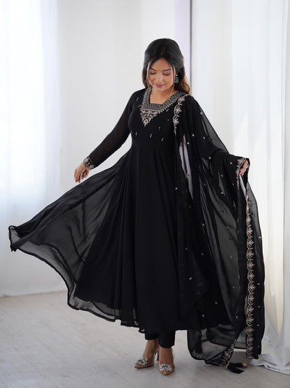 Black Soft Fox Georgette With Fancy Embroidery 3pc Kurta Set