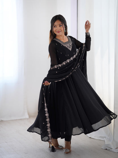 Black Soft Fox Georgette With Fancy Embroidery 3pc Kurta Set
