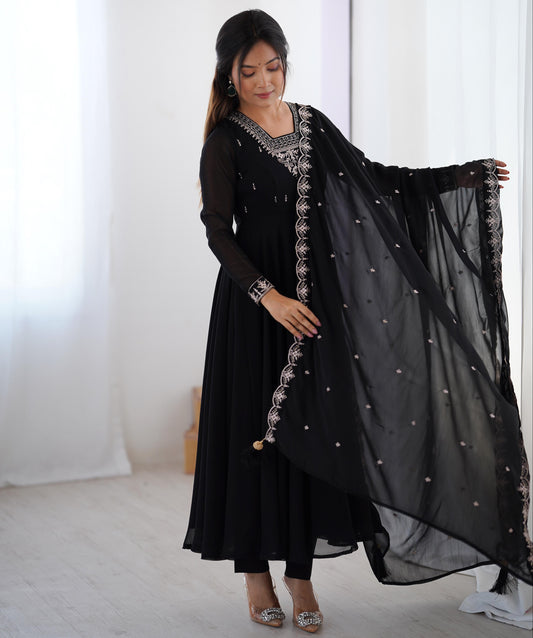 Black Soft Fox Georgette With Fancy Embroidery 3pc Kurta Set