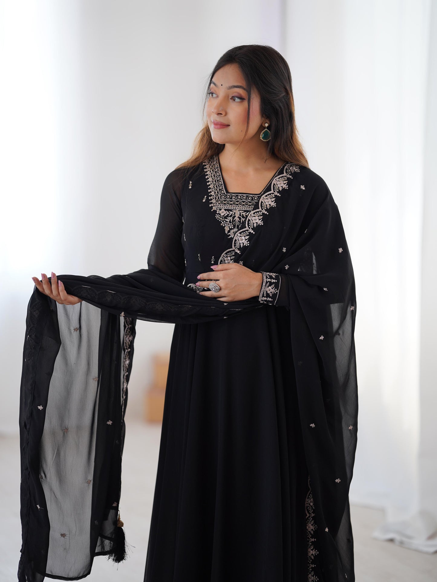 Black Soft Fox Georgette With Fancy Embroidery 3pc Kurta Set