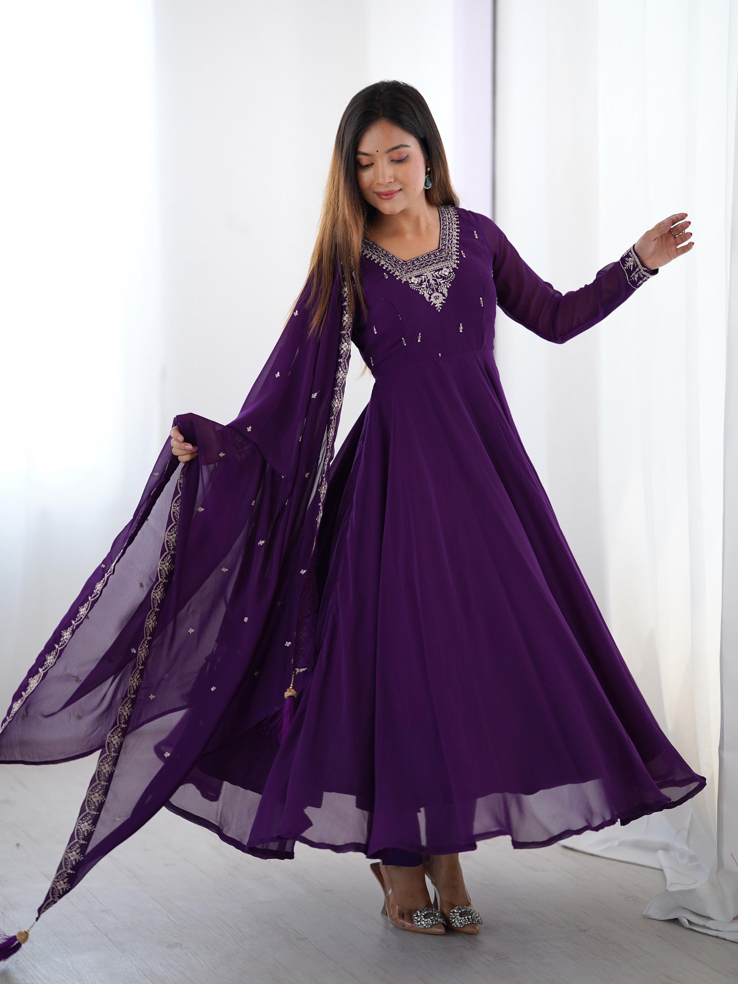Purple Soft Fox Georgette With Fancy Embroidery 3pc Kurta Set