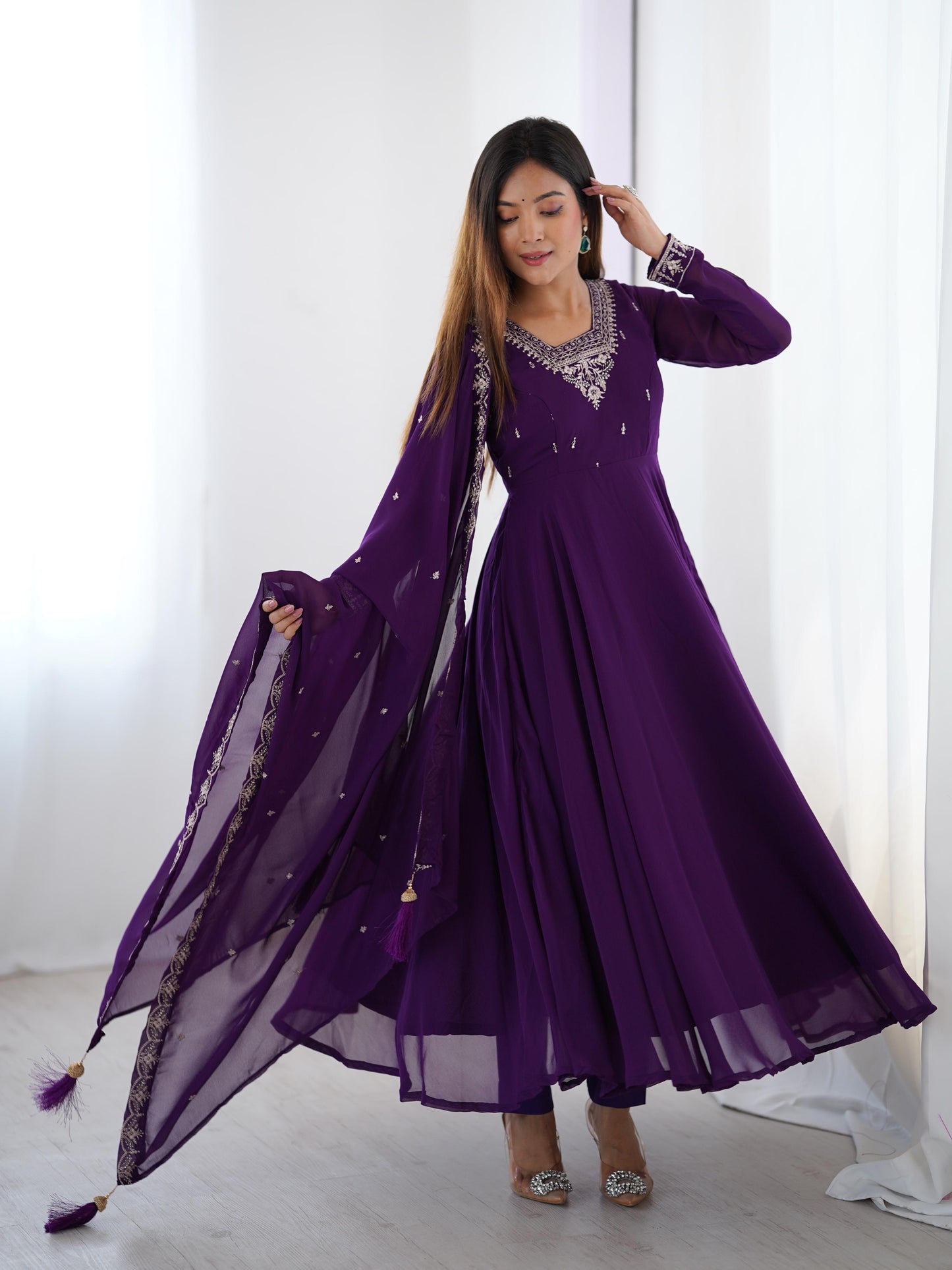 Purple Soft Fox Georgette With Fancy Embroidery 3pc Kurta Set