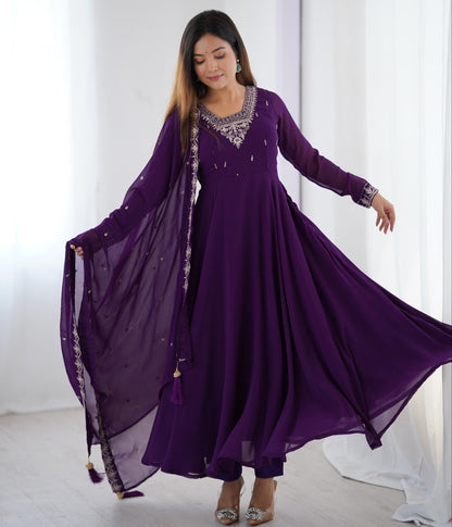 Purple Soft Fox Georgette With Fancy Embroidery 3pc Kurta Set