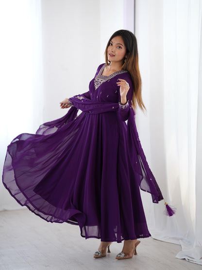 Purple Soft Fox Georgette With Fancy Embroidery 3pc Kurta Set