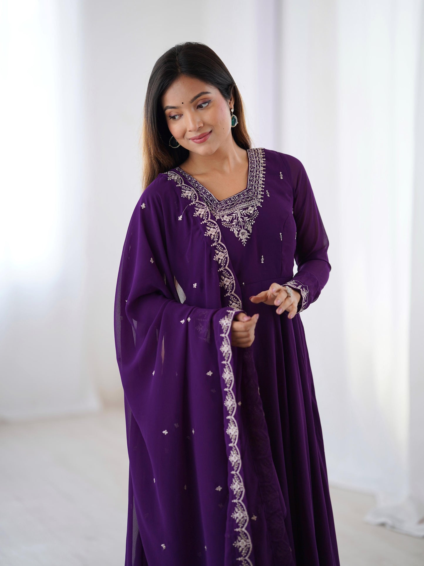 Purple Soft Fox Georgette With Fancy Embroidery 3pc Kurta Set