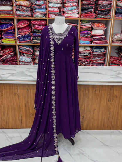 Purple Soft Fox Georgette With Fancy Embroidery 3pc Kurta Set