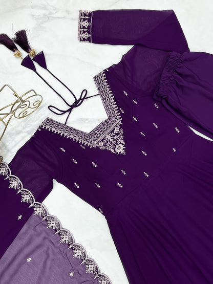 Purple Soft Fox Georgette With Fancy Embroidery 3pc Kurta Set