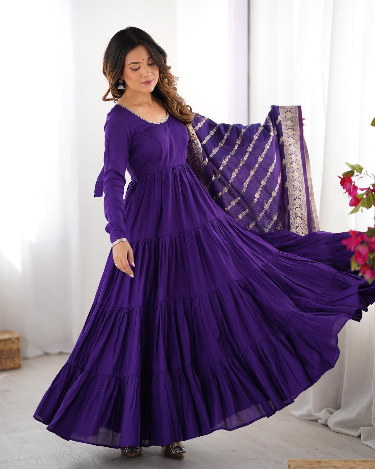 Purple Heavy Romansilk Chanderi With Yoke Lace 3pc Kurta Set