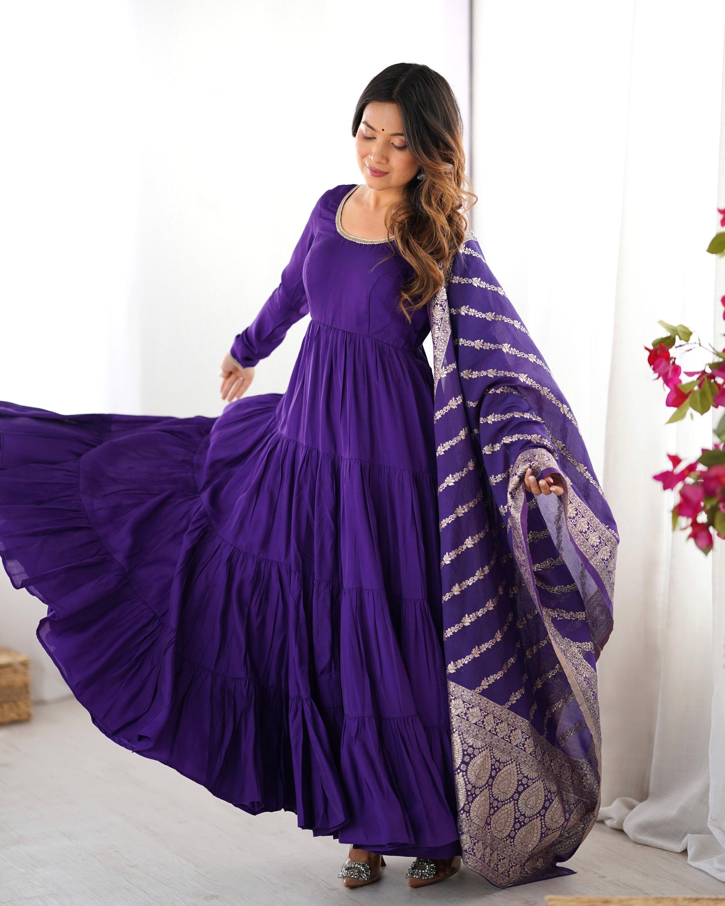 Purple Heavy Romansilk Chanderi With Yoke Lace 3pc Kurta Set
