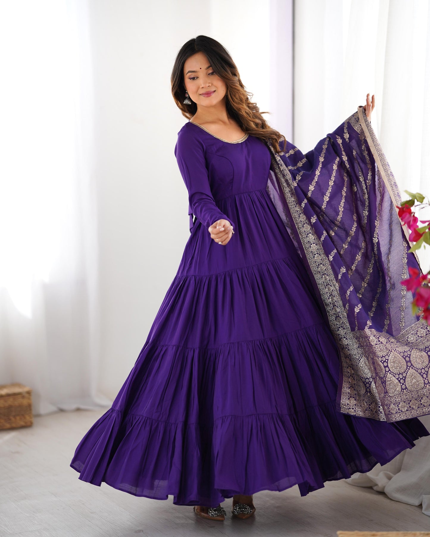 Purple Heavy Romansilk Chanderi With Yoke Lace 3pc Kurta Set