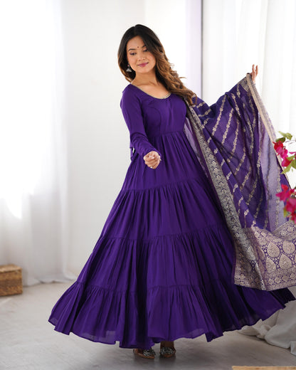 Purple Heavy Romansilk Chanderi With Yoke Lace 3pc Kurta Set