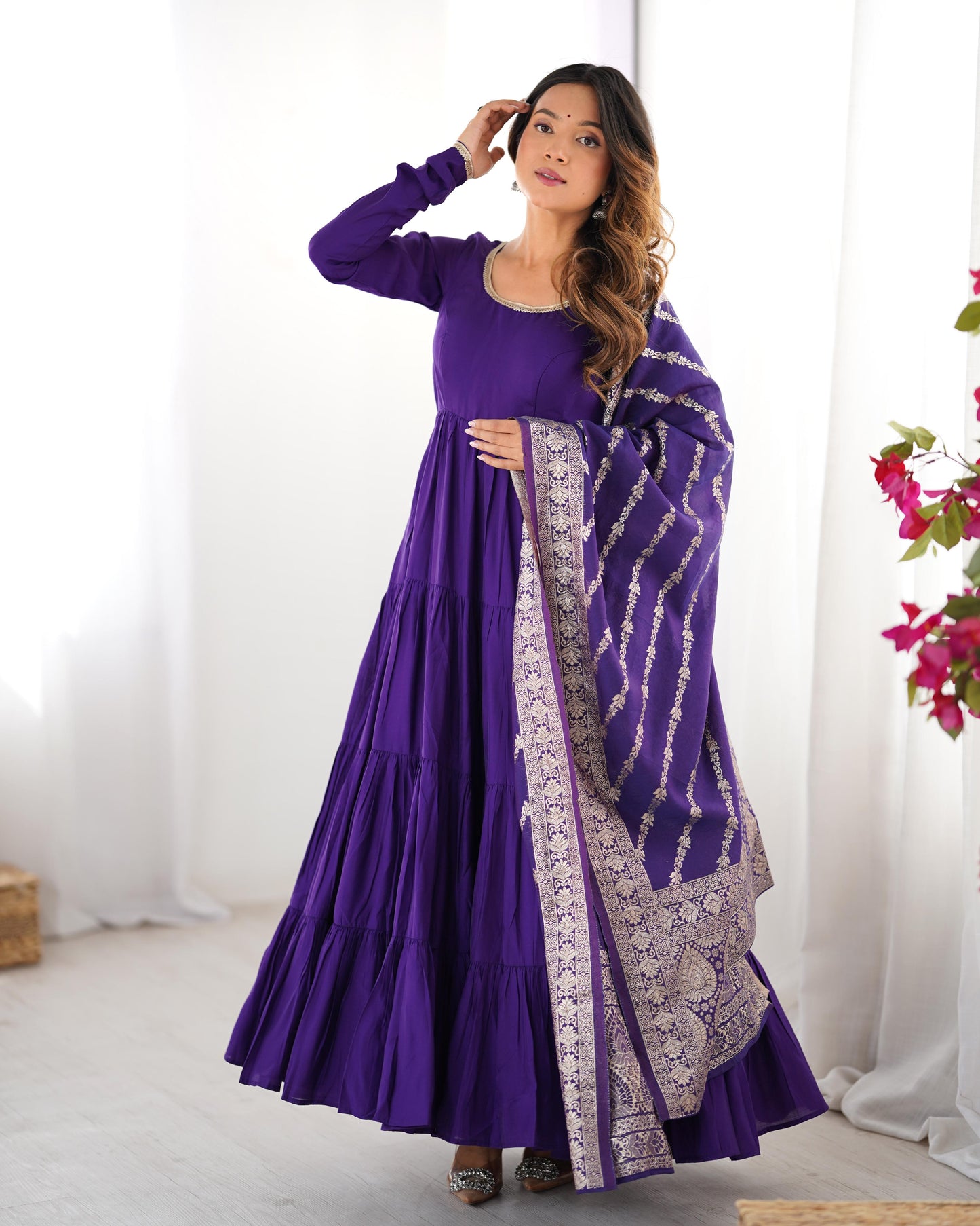 Purple Heavy Romansilk Chanderi With Yoke Lace 3pc Kurta Set