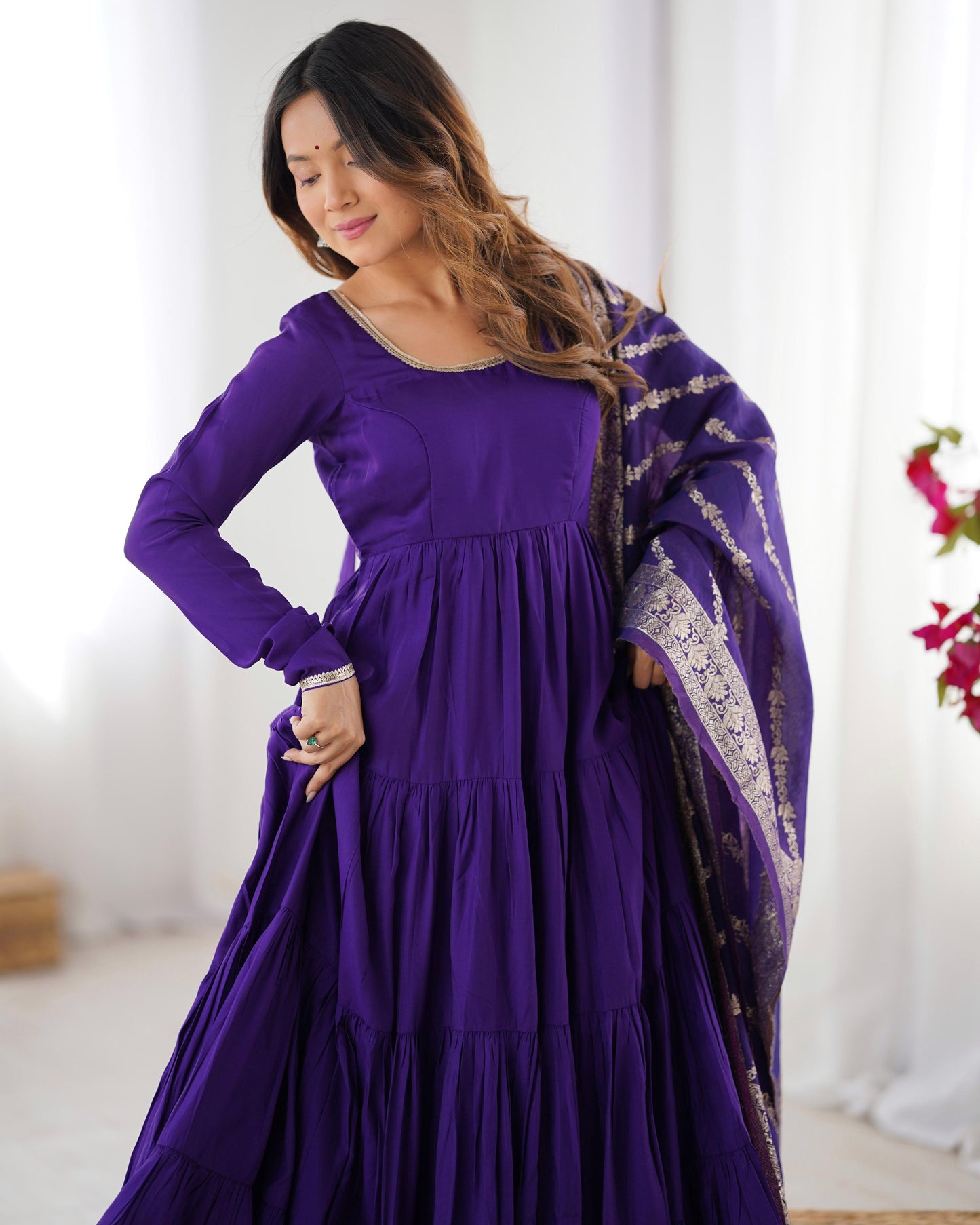 Purple Heavy Romansilk Chanderi With Yoke Lace 3pc Kurta Set