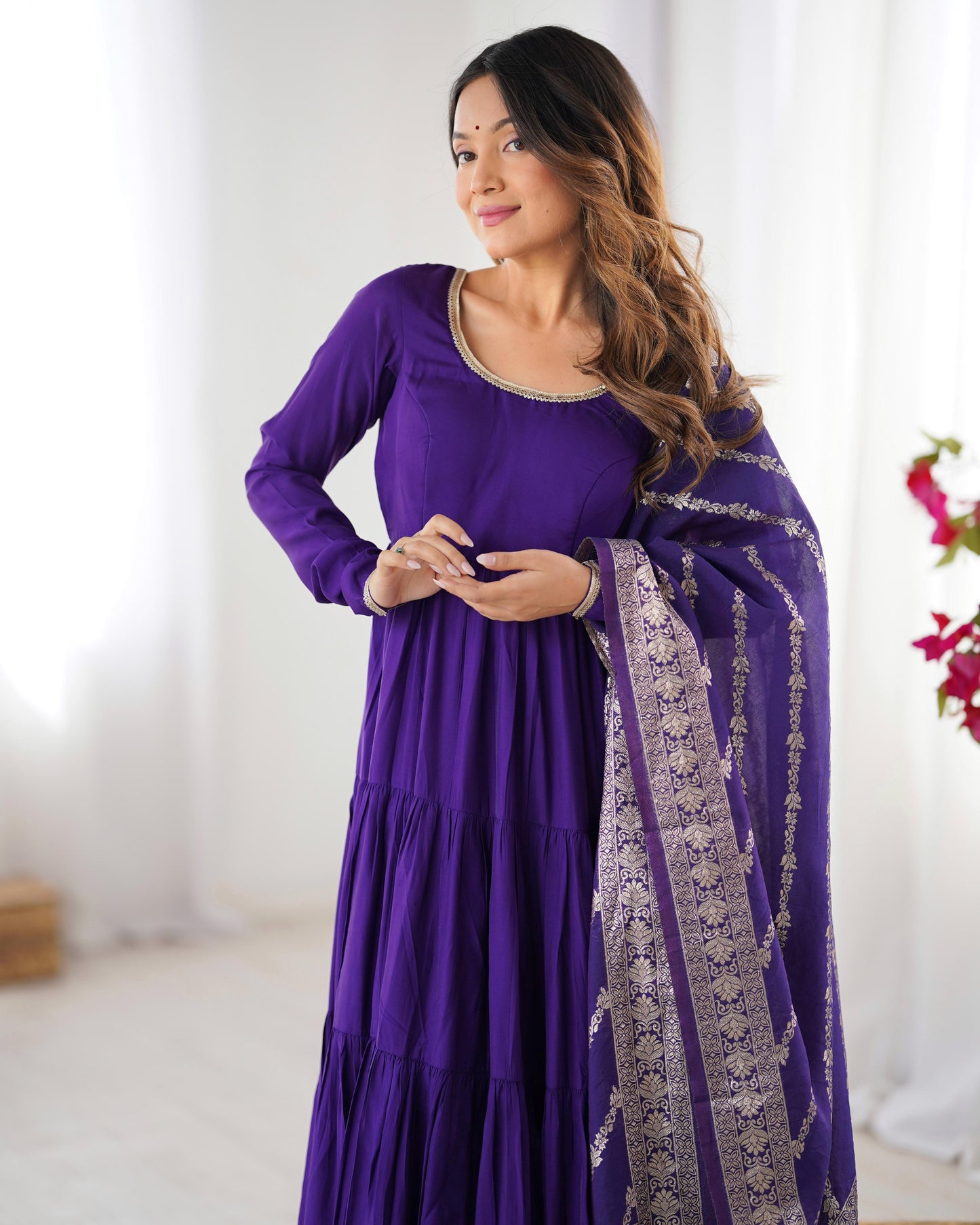 Purple Heavy Romansilk Chanderi With Yoke Lace 3pc Kurta Set