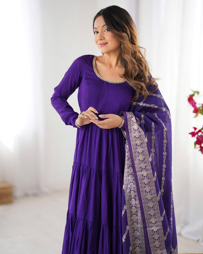 Purple Heavy Romansilk Chanderi With Yoke Lace 3pc Kurta Set