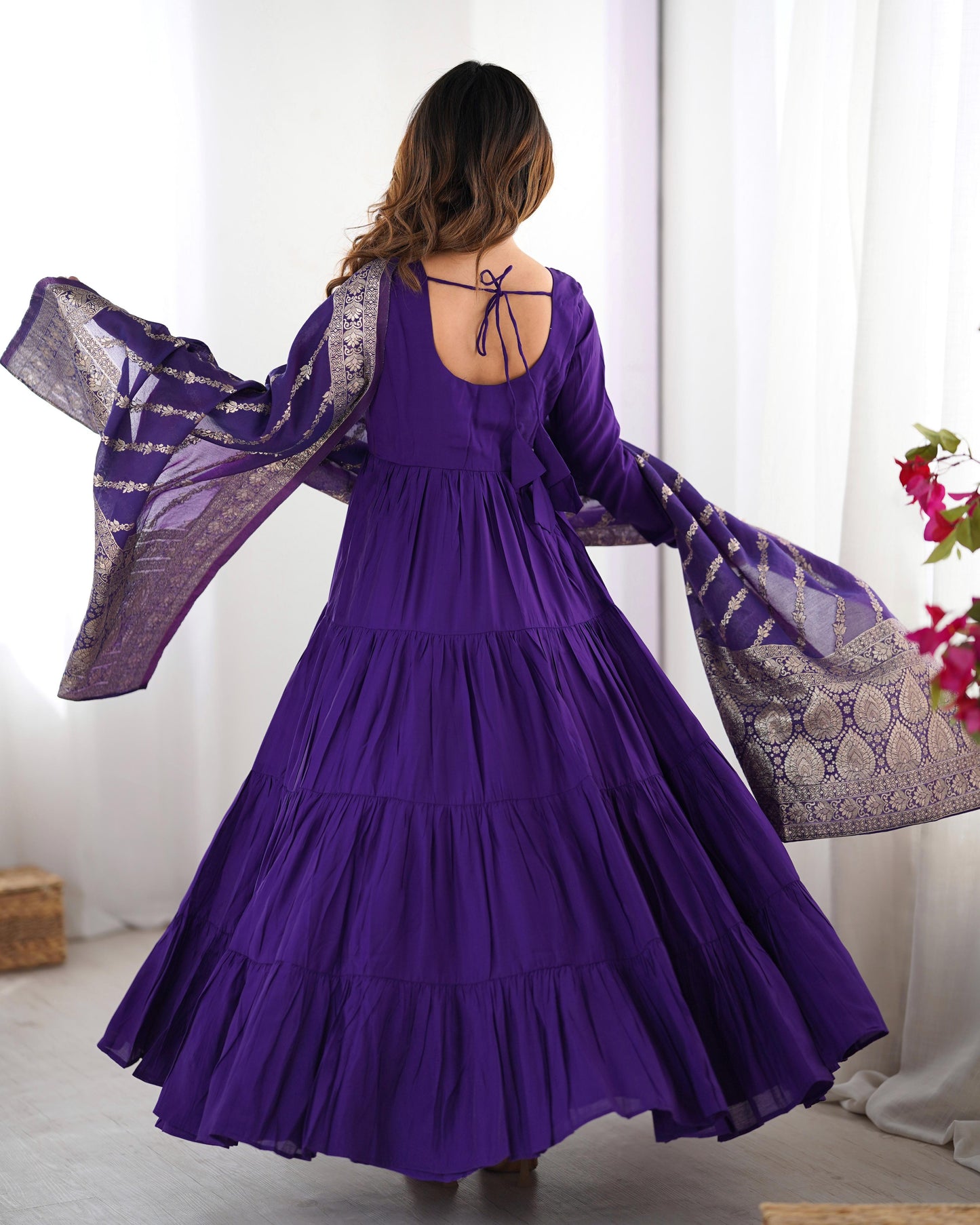 Purple Heavy Romansilk Chanderi With Yoke Lace 3pc Kurta Set