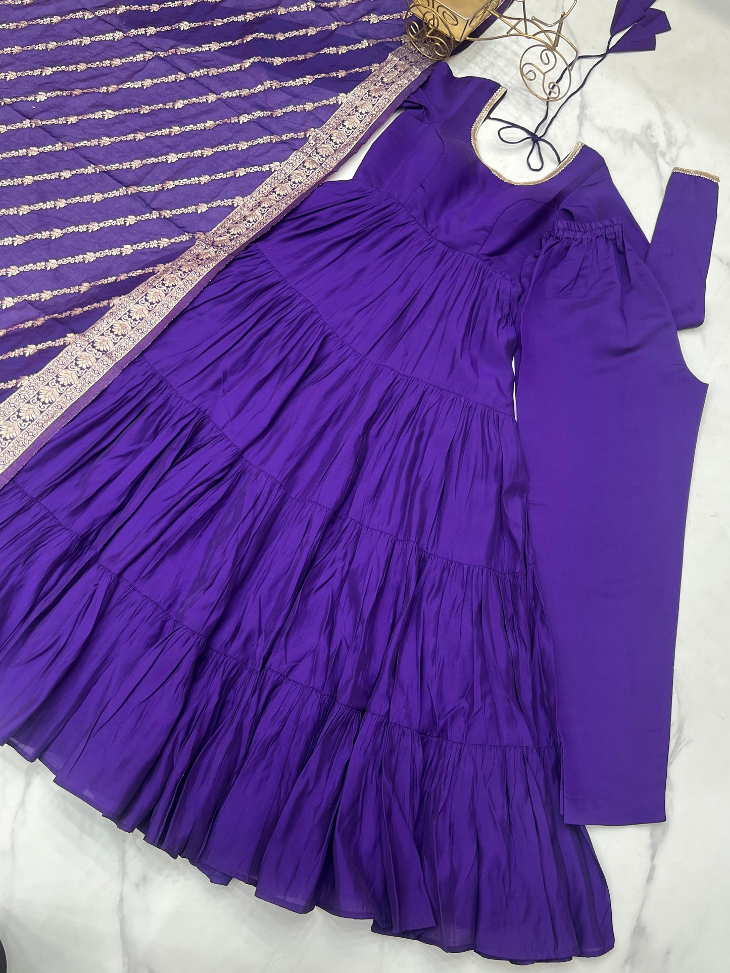Purple Heavy Romansilk Chanderi With Yoke Lace 3pc Kurta Set