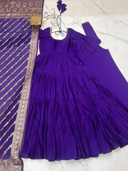 Purple Heavy Romansilk Chanderi With Yoke Lace 3pc Kurta Set