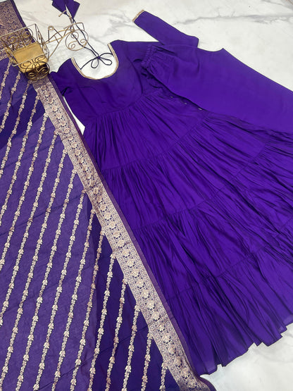 Purple Heavy Romansilk Chanderi With Yoke Lace 3pc Kurta Set