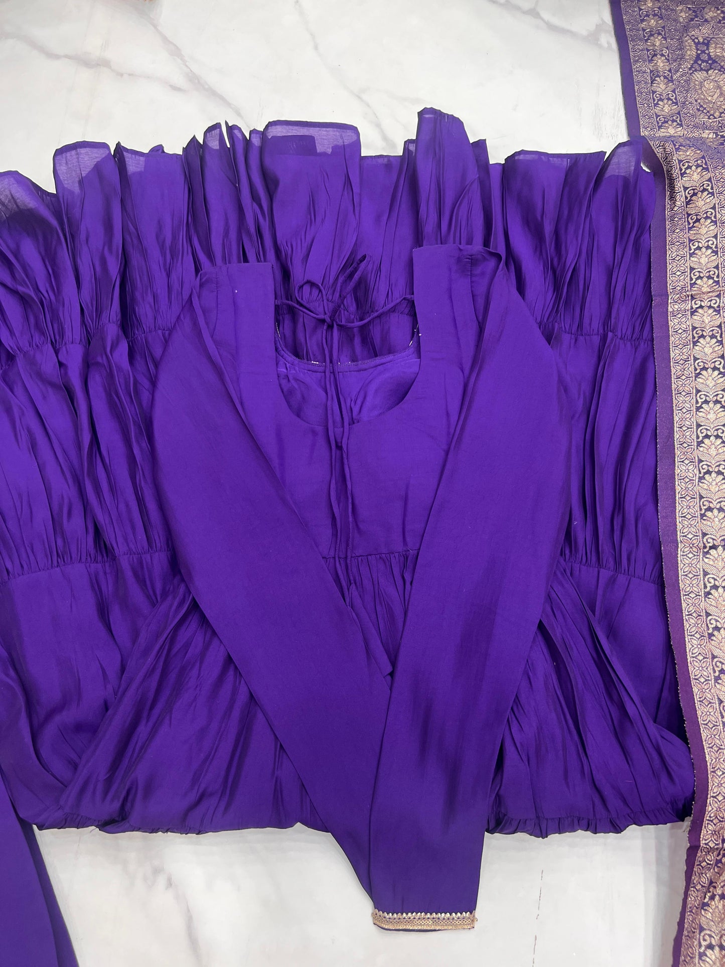 Purple Heavy Romansilk Chanderi With Yoke Lace 3pc Kurta Set