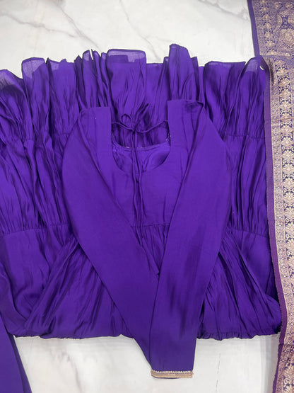 Purple Heavy Romansilk Chanderi With Yoke Lace 3pc Kurta Set