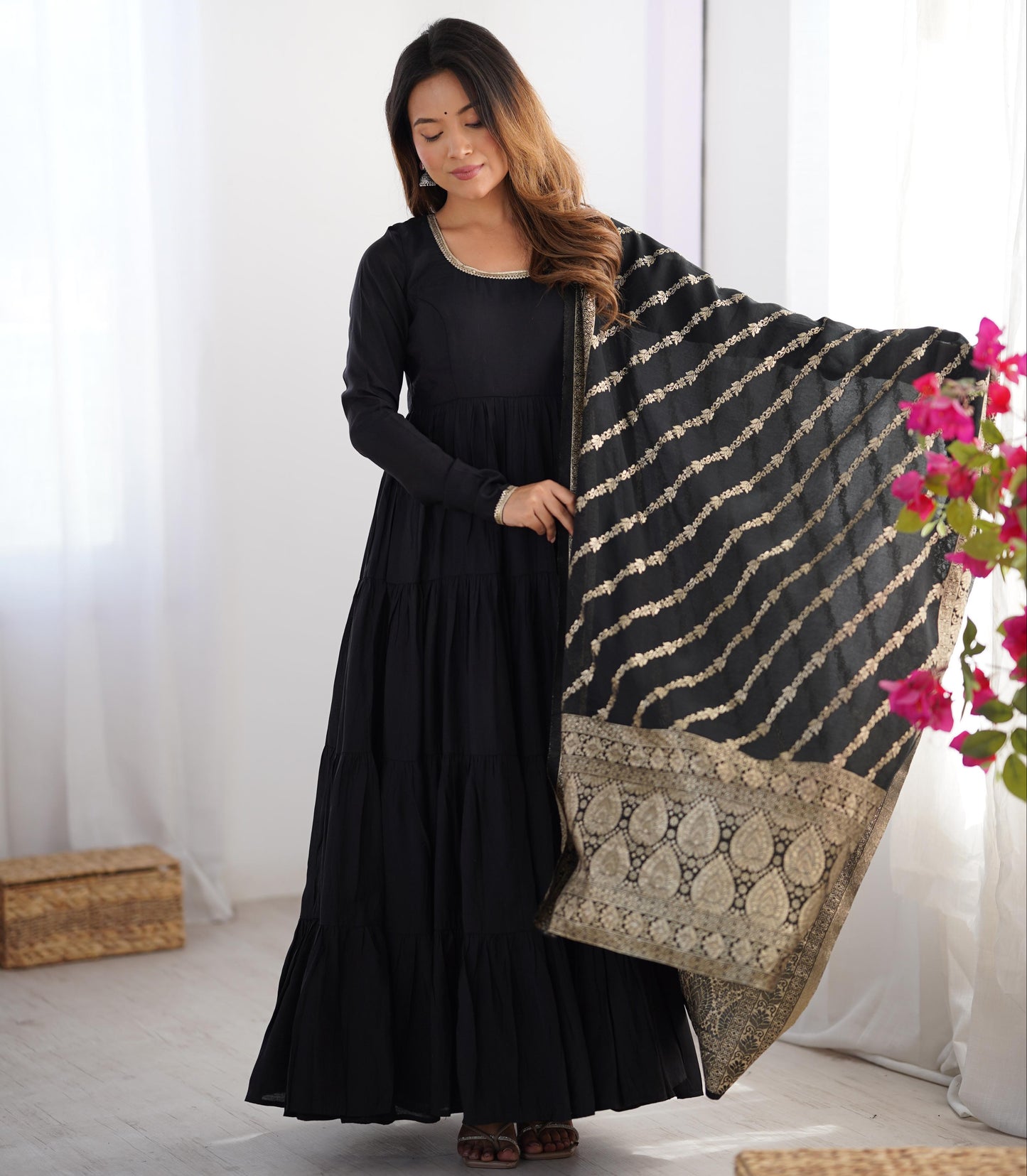 Black Heavy Romansilk Chanderi With Yoke Lace 3pc Kurta Set