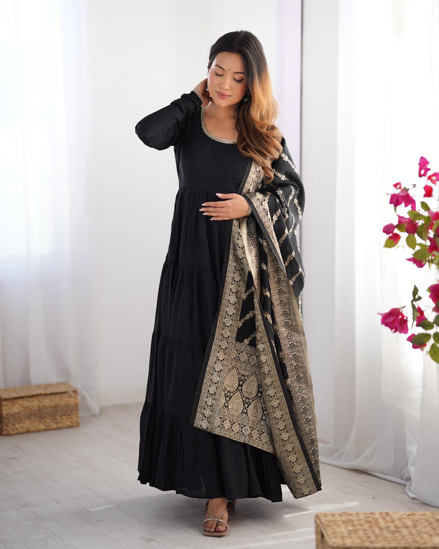 Black Heavy Romansilk Chanderi With Yoke Lace 3pc Kurta Set