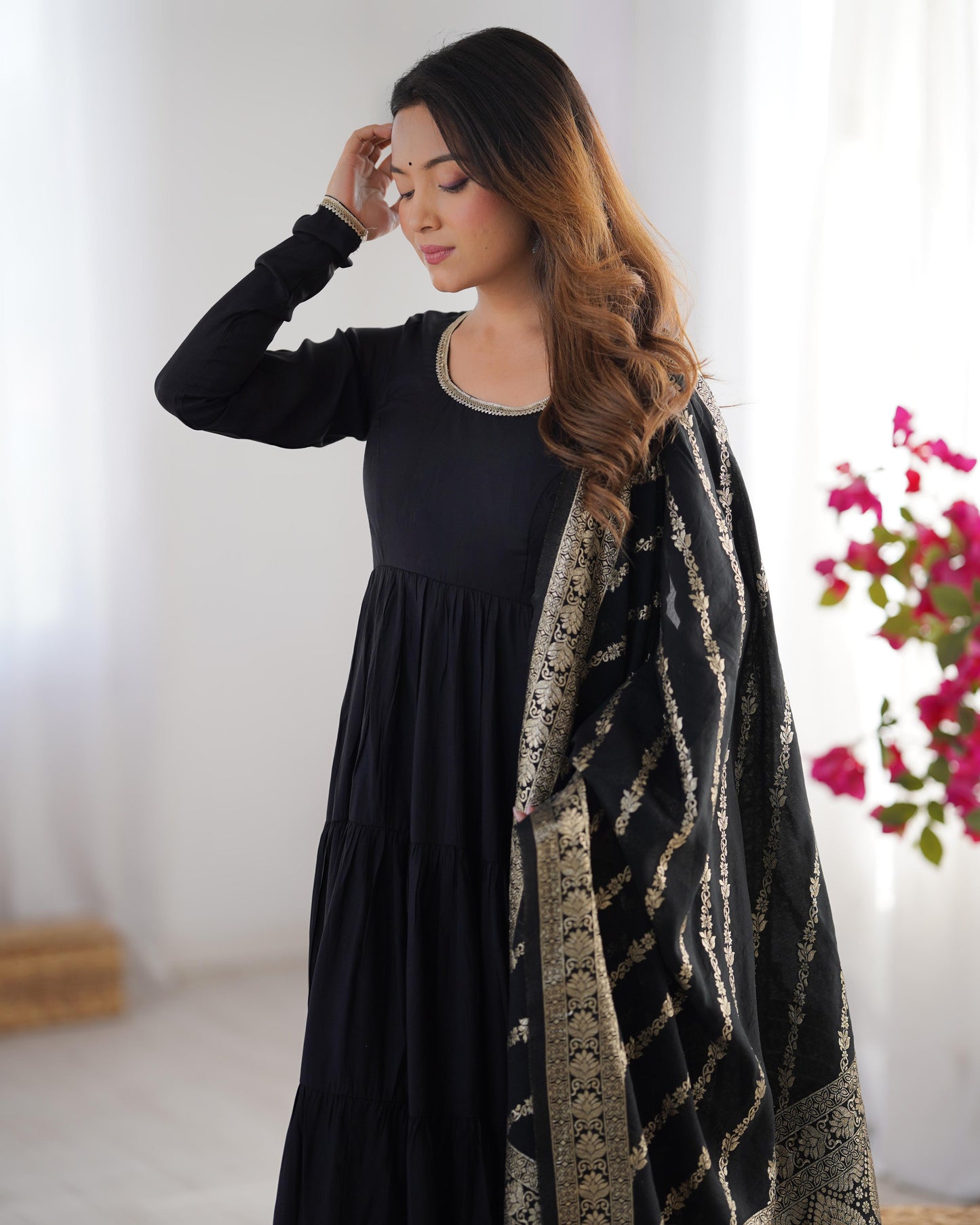 Black Heavy Romansilk Chanderi With Yoke Lace 3pc Kurta Set