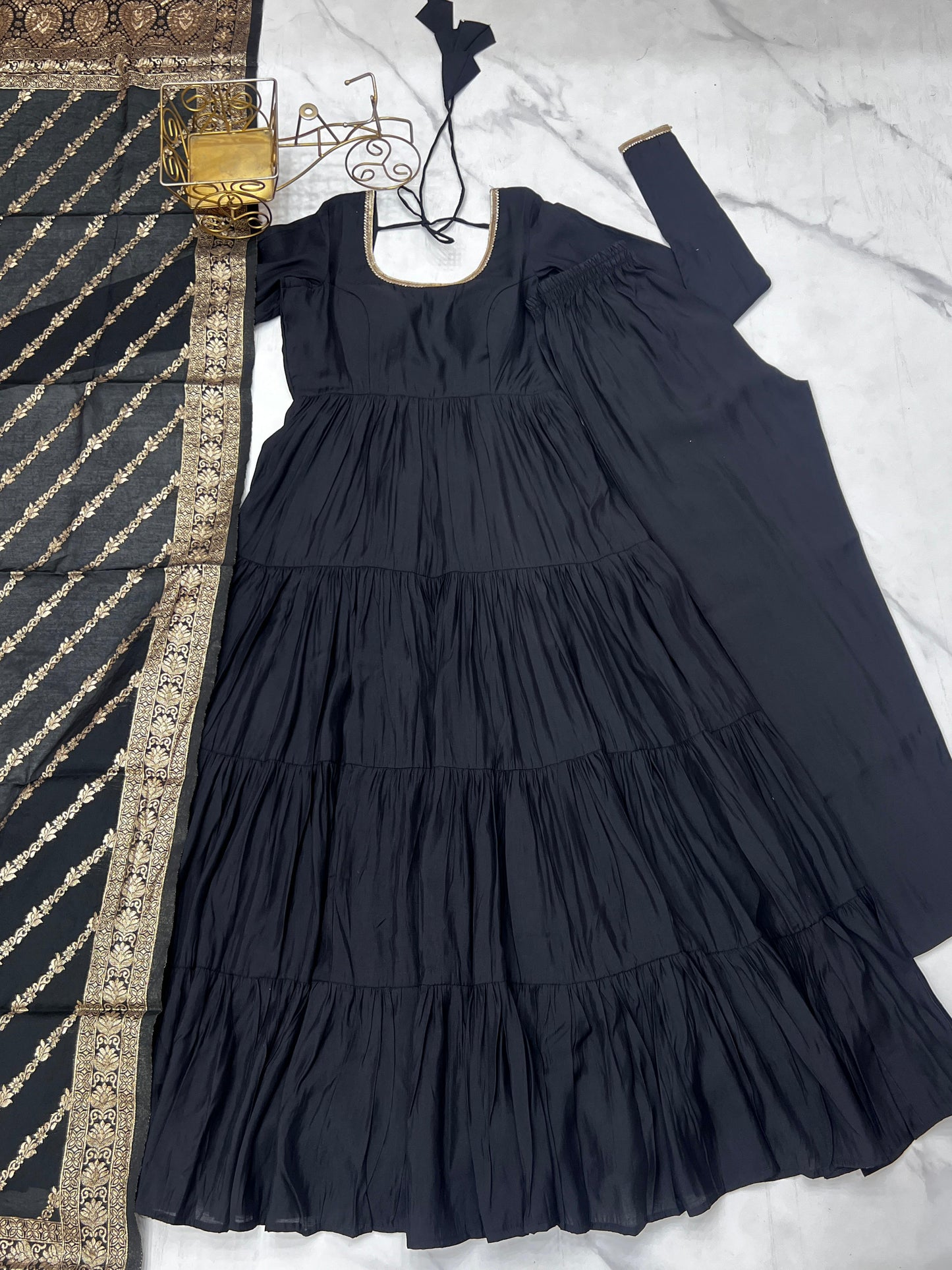 Black Heavy Romansilk Chanderi With Yoke Lace 3pc Kurta Set