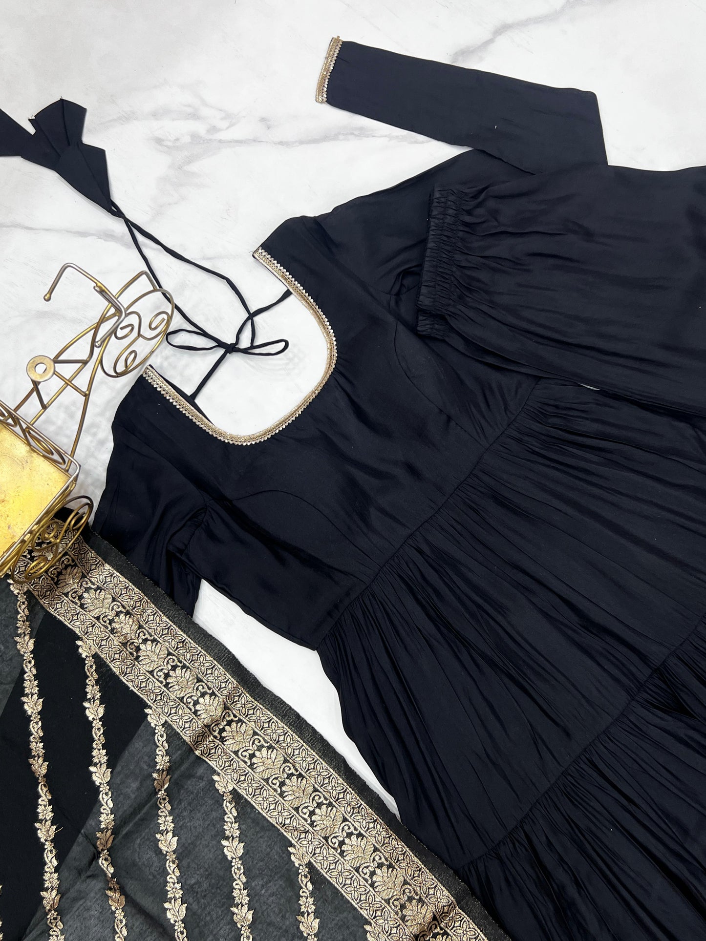 Black Heavy Romansilk Chanderi With Yoke Lace 3pc Kurta Set