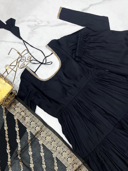 Black Heavy Romansilk Chanderi With Yoke Lace 3pc Kurta Set