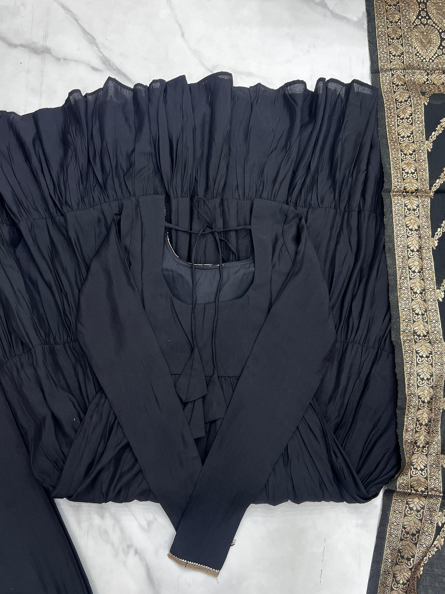 Black Heavy Romansilk Chanderi With Yoke Lace 3pc Kurta Set