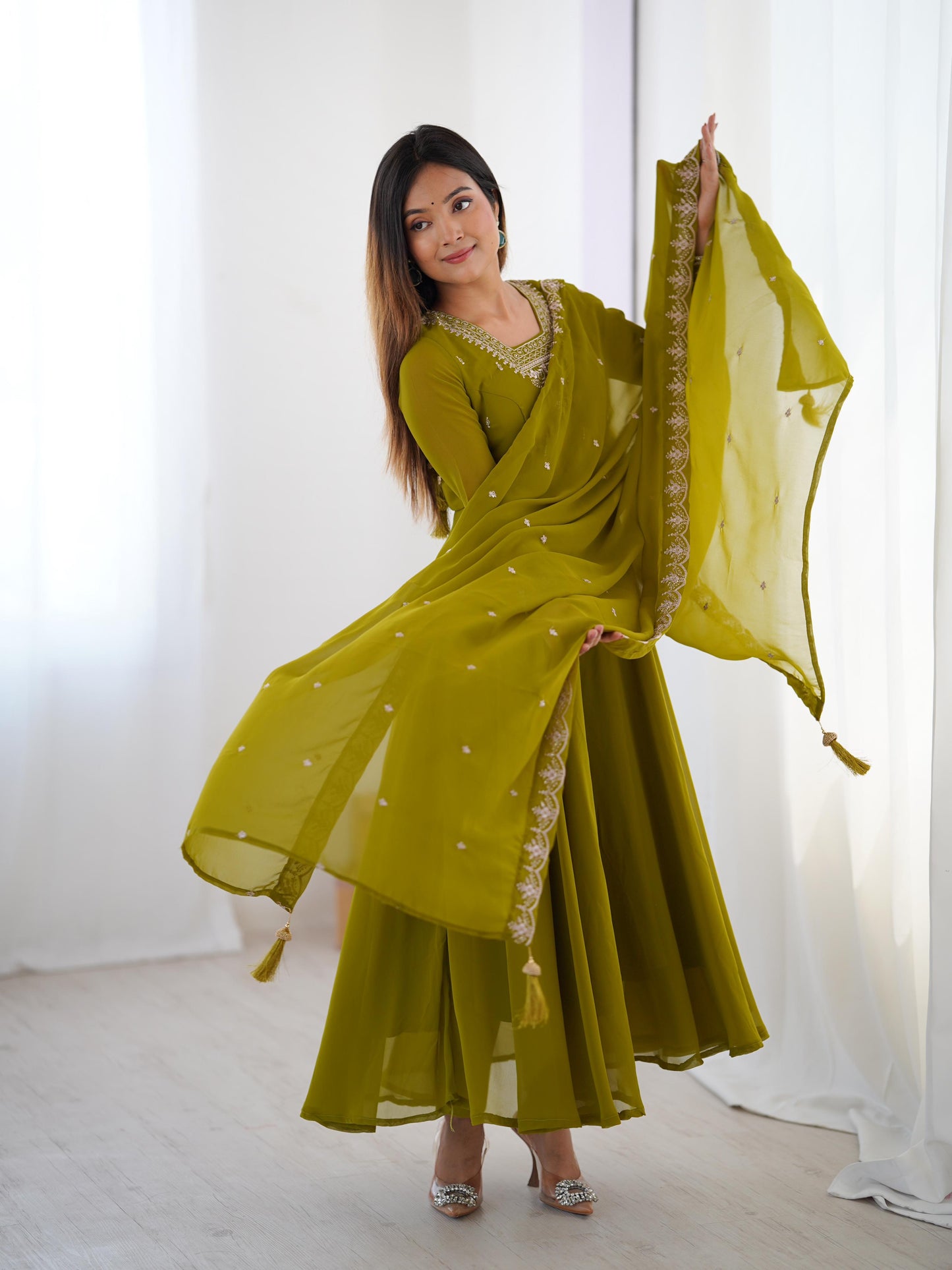 MahendiGreen Soft Fox Georgette With Fancy Embroidery 3pc Kurta Set