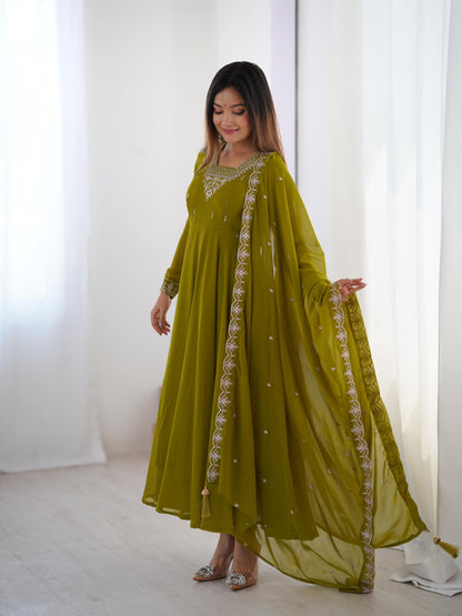 MahendiGreen Soft Fox Georgette With Fancy Embroidery 3pc Kurta Set