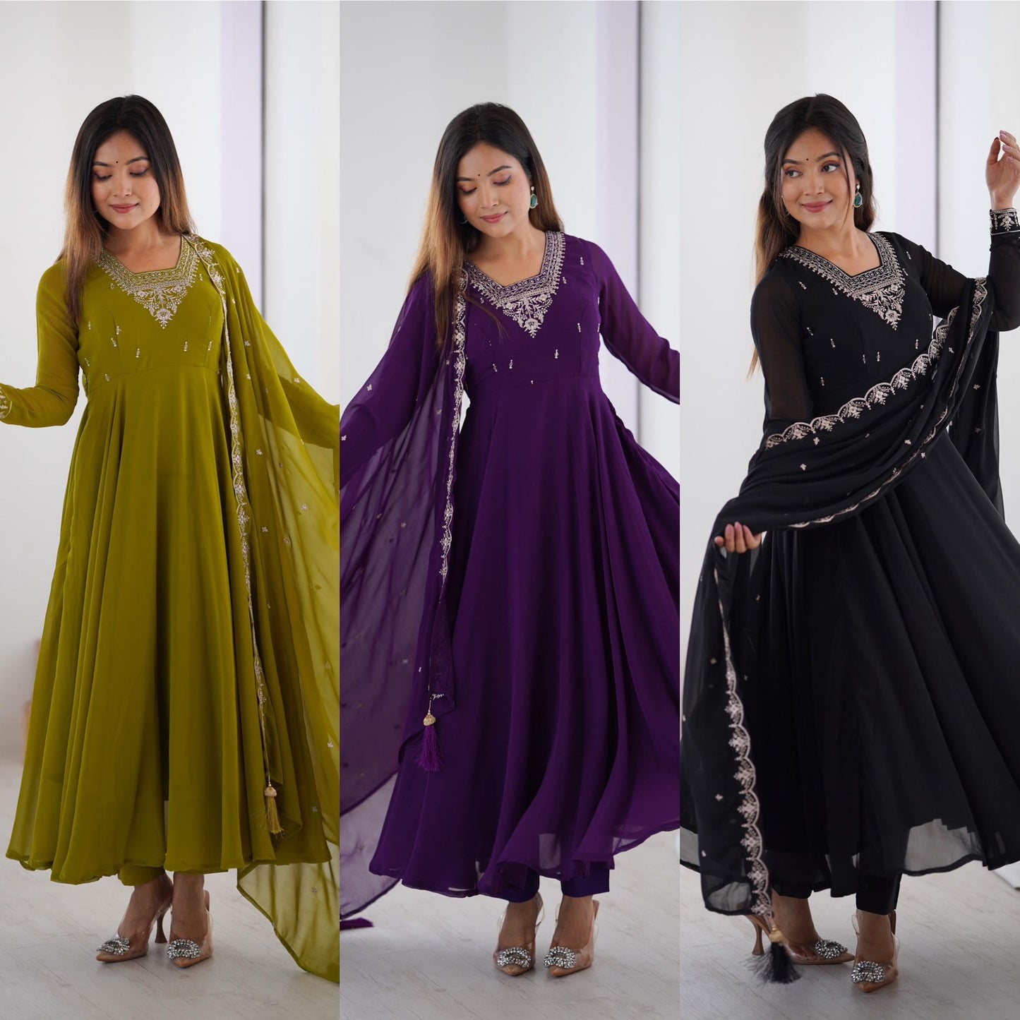 MahendiGreen Soft Fox Georgette With Fancy Embroidery 3pc Kurta Set