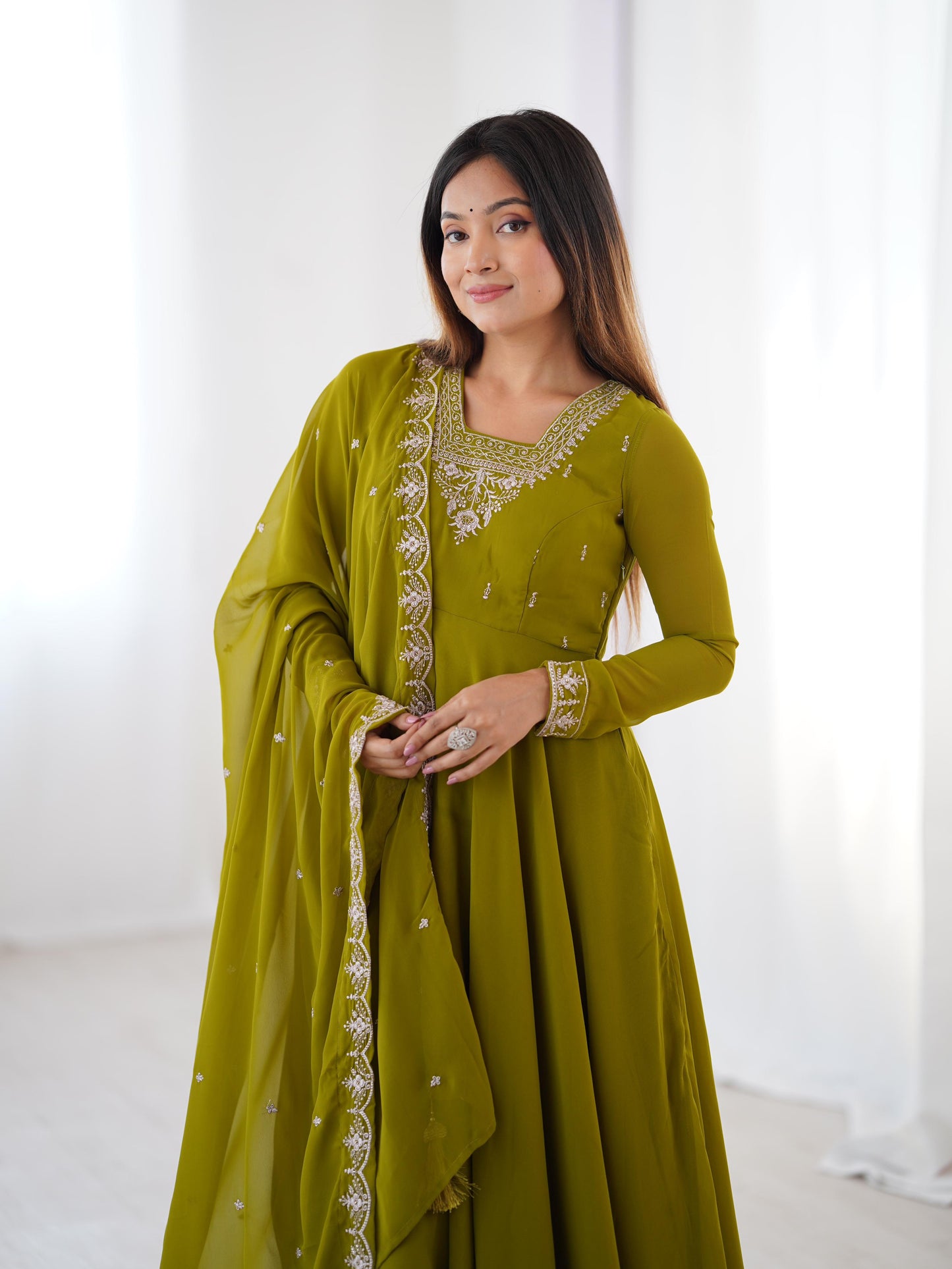 MahendiGreen Soft Fox Georgette With Fancy Embroidery 3pc Kurta Set