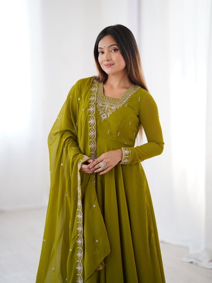 MahendiGreen Soft Fox Georgette With Fancy Embroidery 3pc Kurta Set