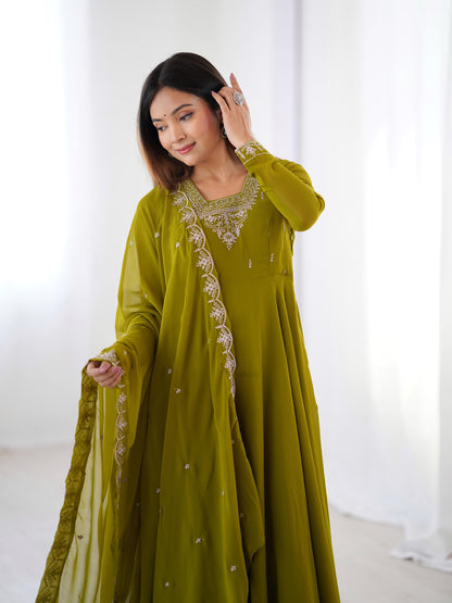 MahendiGreen Soft Fox Georgette With Fancy Embroidery 3pc Kurta Set
