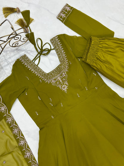MahendiGreen Soft Fox Georgette With Fancy Embroidery 3pc Kurta Set