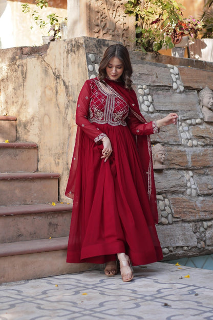 Maroon  Faux Blooming with Beads Embroidered Work Gown With Dupatta