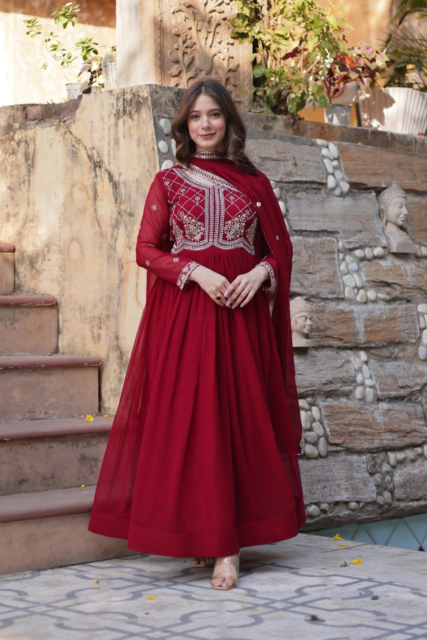 Maroon  Faux Blooming with Beads Embroidered Work Gown With Dupatta