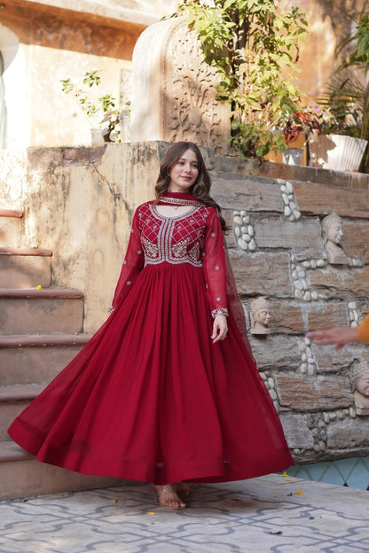 Maroon  Faux Blooming with Beads Embroidered Work Gown With Dupatta