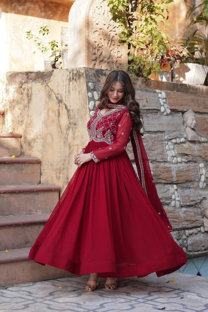 Maroon  Faux Blooming with Beads Embroidered Work Gown With Dupatta