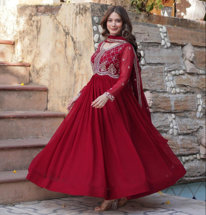 Maroon  Faux Blooming with Beads Embroidered Work Gown With Dupatta