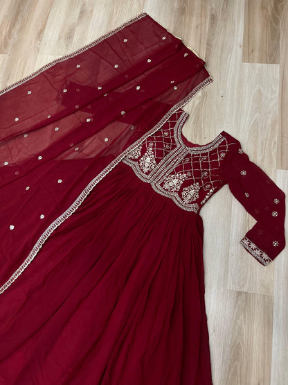 Maroon  Faux Blooming with Beads Embroidered Work Gown With Dupatta